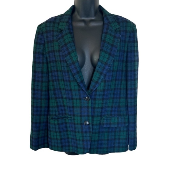 Vintage Pendleton Women’s Sz M Pure Virgin Wool Blue & Green Tartan Plaid Blazer - Picture 1 of 10